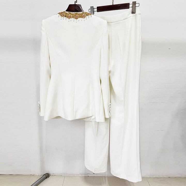 Embroidered Sequin Trim Blazer and Wide Leg Pants Set for Meetings Ready and Executive Elegance Women-Vyana Collective