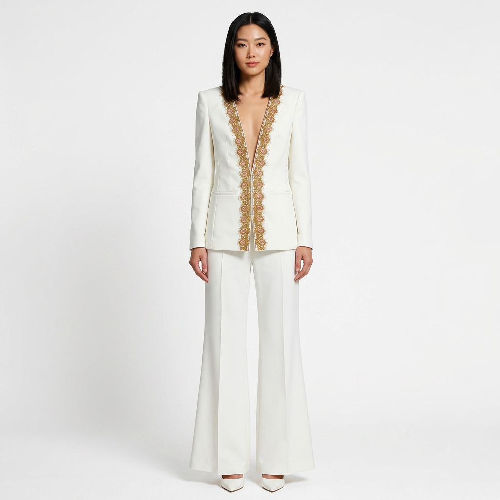 Embroidered Sequin Trim Blazer and Wide Leg Pants Set for Meetings Ready and Executive Elegance Women-Vyana Collective