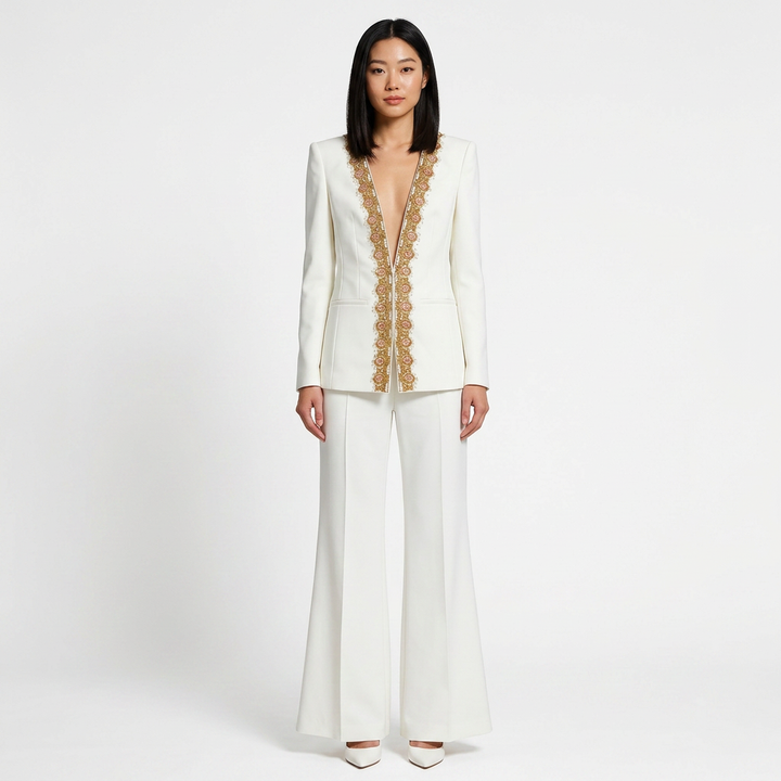 Embroidered Sequin Trim Blazer and Wide Leg Pants Set for Meetings Ready and Executive Elegance Women-Vyana Collective