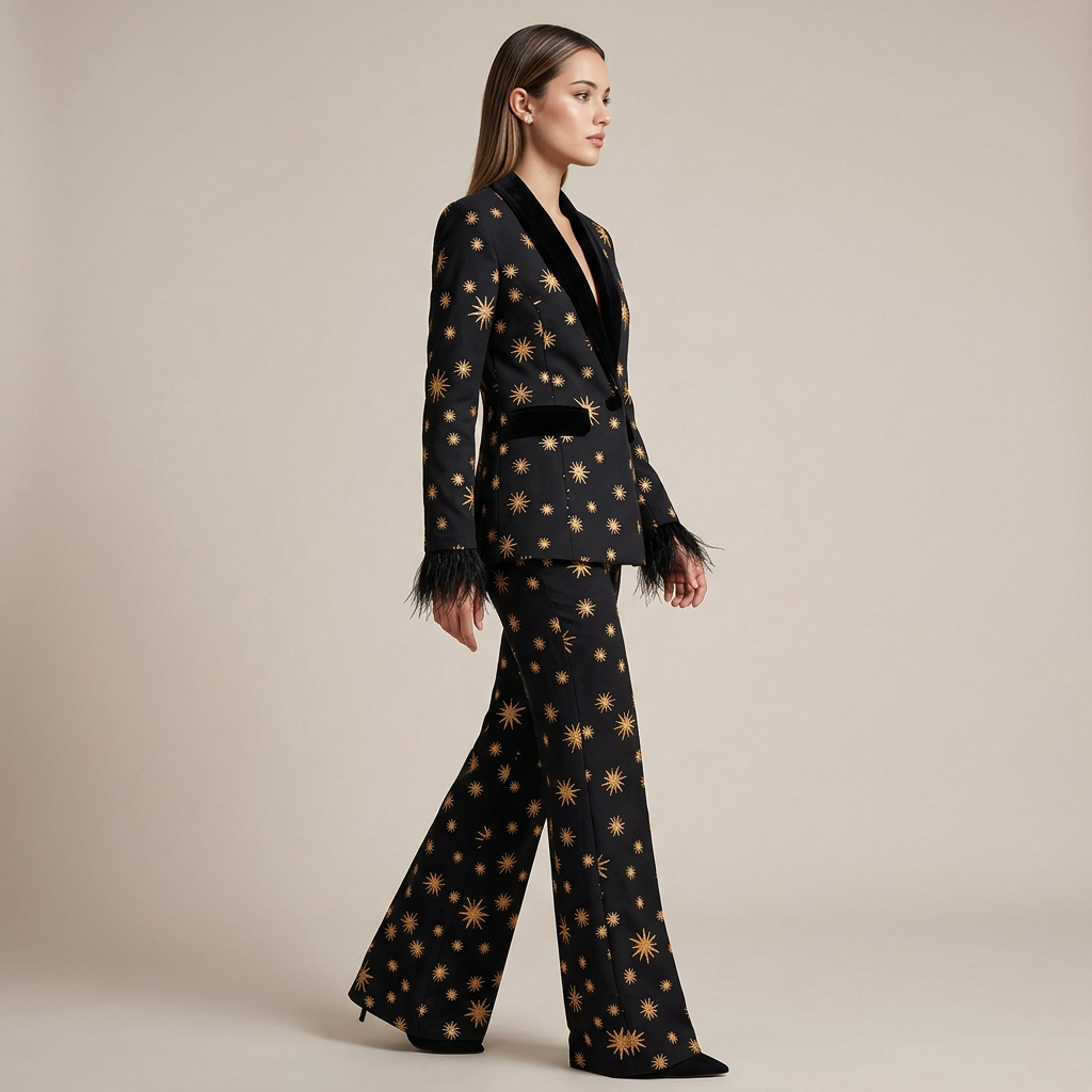 Embroidered Velvet Trim Blazer and Wide Leg Pants Set for Friday Night Vibes and Evening Elegance Women-Vyana Collective