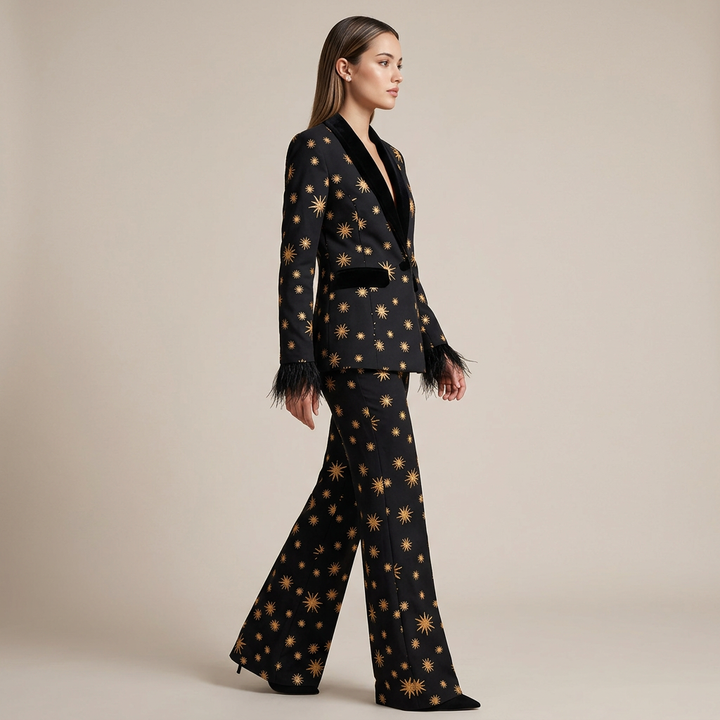 Embroidered Velvet Trim Blazer and Wide Leg Pants Set for Friday Night Vibes and Evening Elegance Women-Vyana Collective