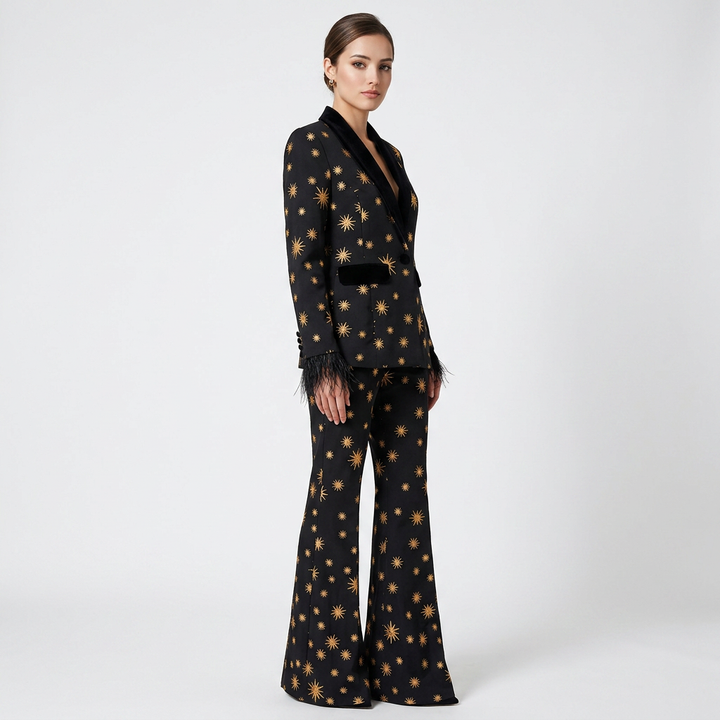 Embroidered Velvet Trim Blazer and Wide Leg Pants Set for Friday Night Vibes and Evening Elegance Women-Vyana Collective