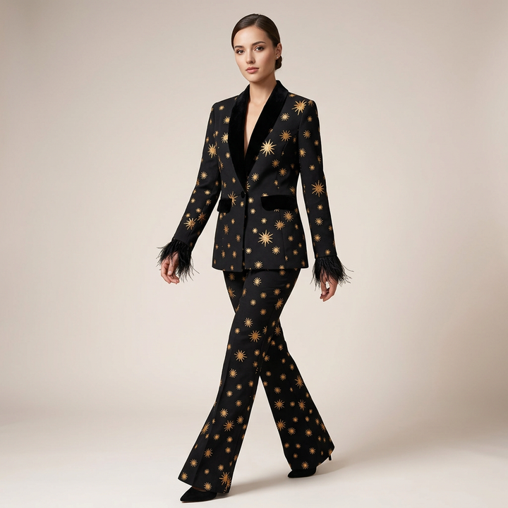 Embroidered Velvet Trim Blazer and Wide Leg Pants Set for Friday Night Vibes and Evening Elegance Women-Vyana Collective
