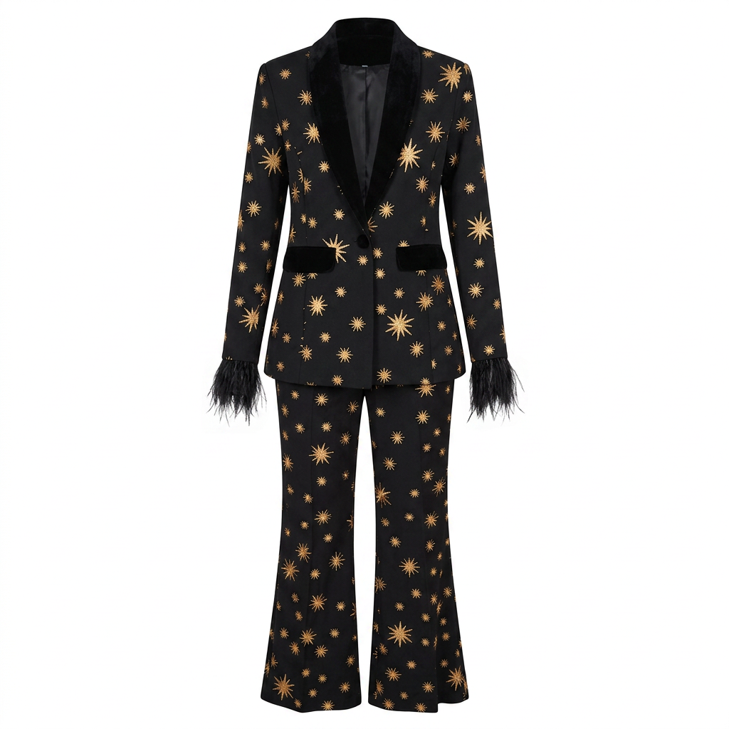 Embroidered Velvet Trim Blazer and Wide Leg Pants Set for Friday Night Vibes and Evening Elegance Women-Vyana Collective