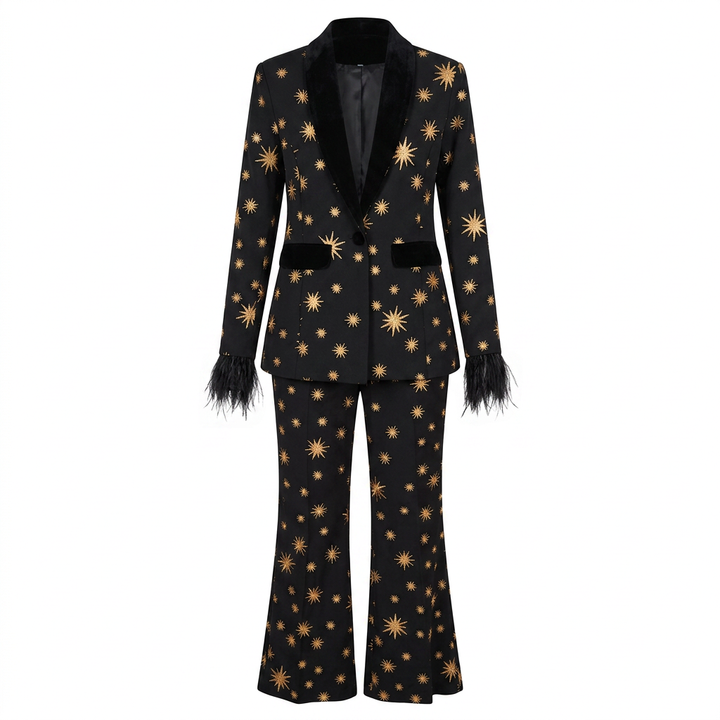 Embroidered Velvet Trim Blazer and Wide Leg Pants Set for Friday Night Vibes and Evening Elegance Women-Vyana Collective