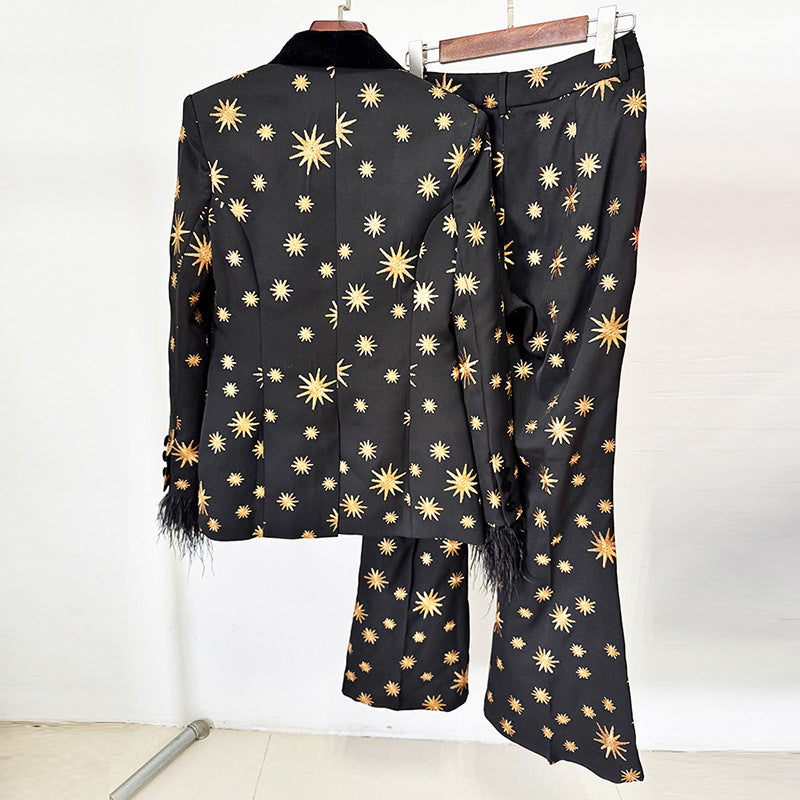 Embroidered Velvet Trim Blazer and Wide Leg Pants Set for Friday Night Vibes and Evening Elegance Women-Vyana Collective