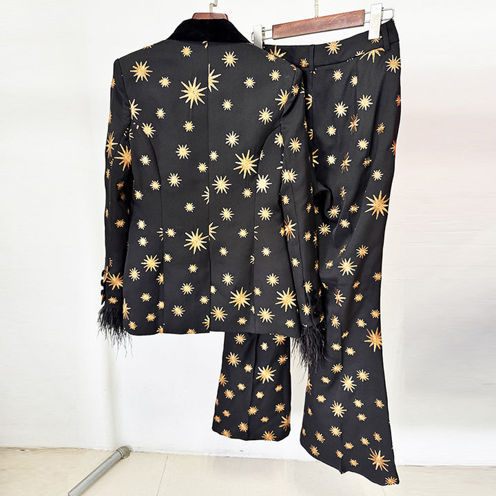 Embroidered Velvet Trim Blazer and Wide Leg Pants Set for Friday Night Vibes and Evening Elegance Women-Vyana Collective