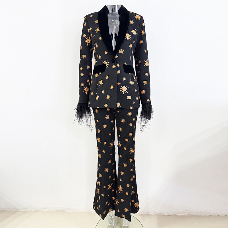 Embroidered Velvet Trim Blazer and Wide Leg Pants Set for Friday Night Vibes and Evening Elegance Women-Vyana Collective