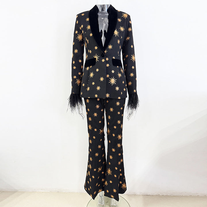 Embroidered Velvet Trim Blazer and Wide Leg Pants Set for Friday Night Vibes and Evening Elegance Women-Vyana Collective