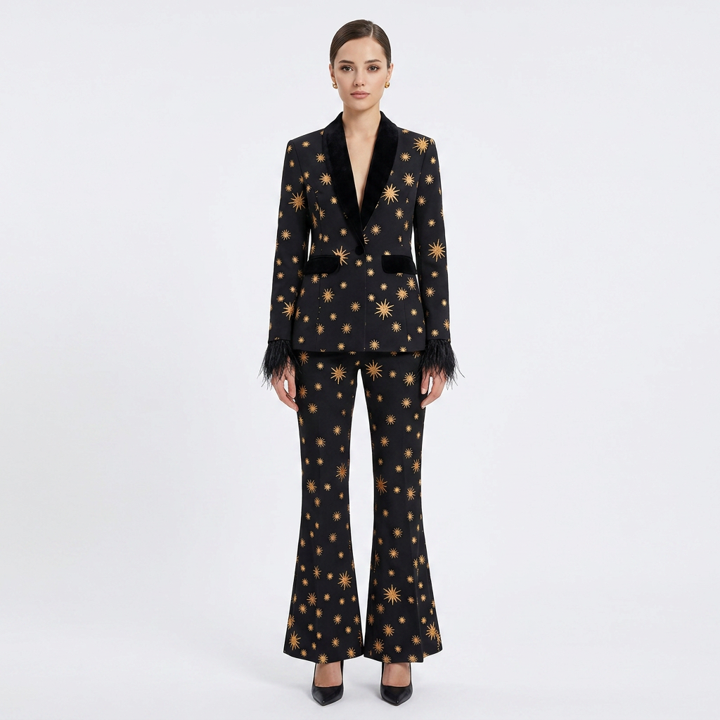 Embroidered Velvet Trim Blazer and Wide Leg Pants Set for Friday Night Vibes and Evening Elegance Women-Vyana Collective