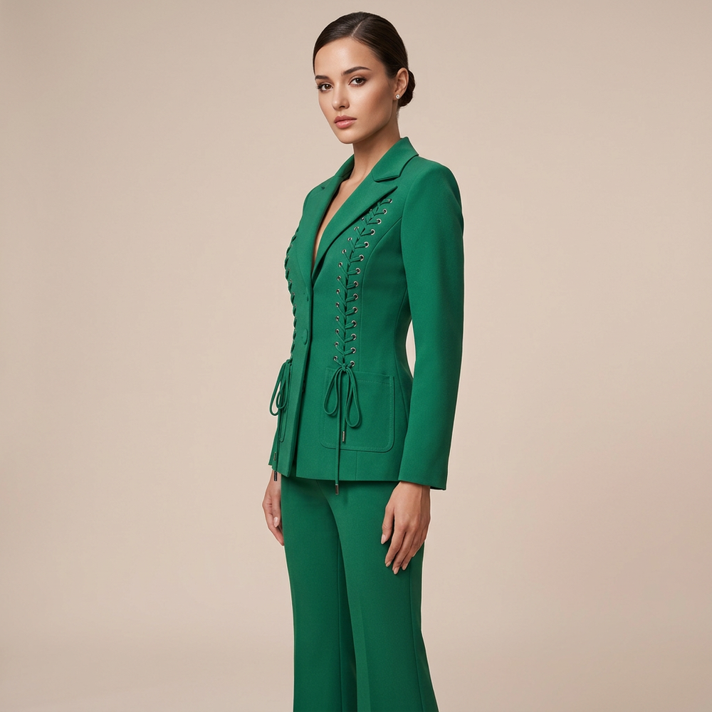 Emerald Green Lace-Up Blazer & Flare Trousers Suit Set-Vyana Collective