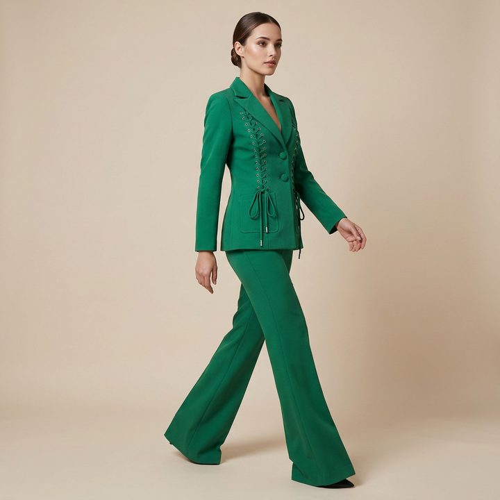 Emerald Green Lace-Up Blazer &amp; Flare Trousers Suit Set-Vyana Collective