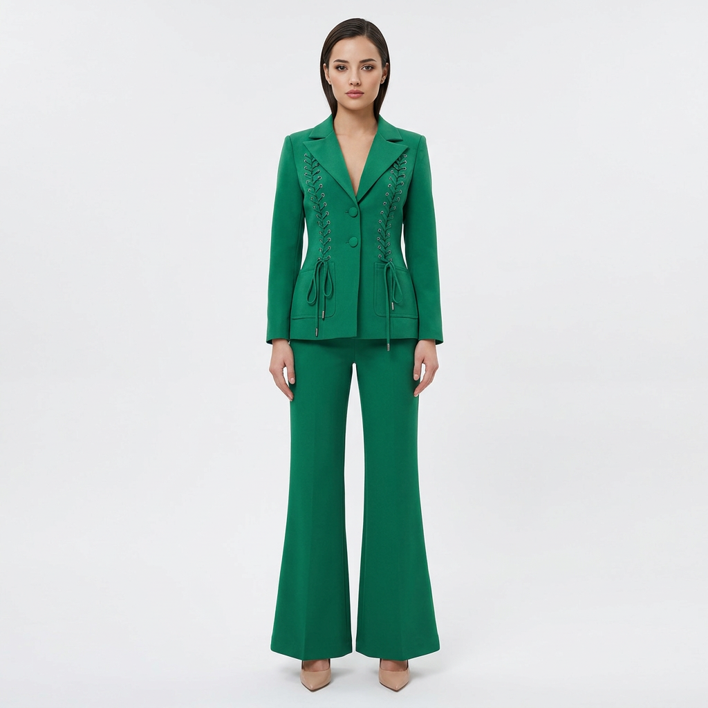 Emerald Green Lace-Up Blazer &amp; Flare Trousers Suit Set-Vyana Collective
