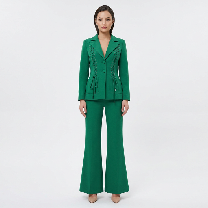 Emerald Green Lace-Up Blazer &amp; Flare Trousers Suit Set-Vyana Collective