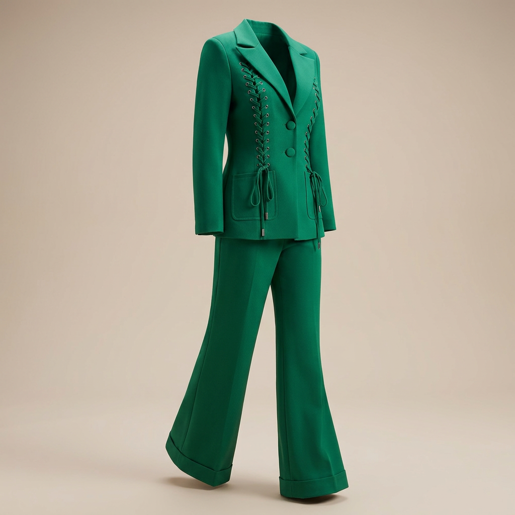 Emerald Green Lace-Up Blazer &amp; Flare Trousers Suit Set-Vyana Collective