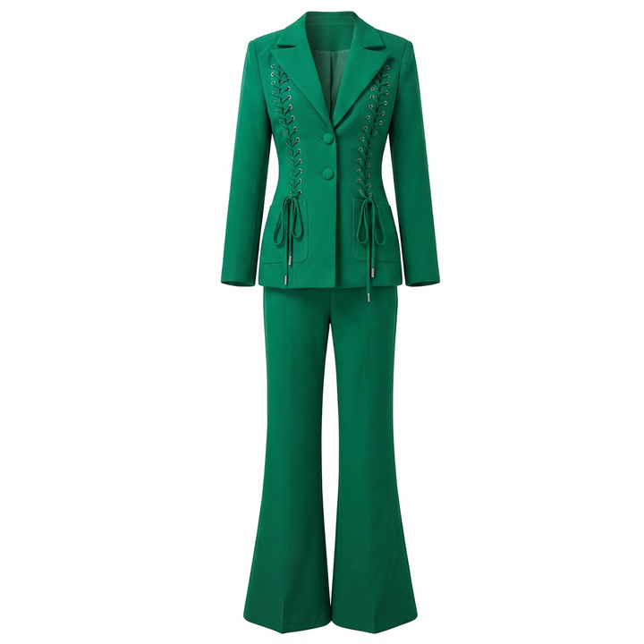 Emerald Green Lace-Up Blazer &amp; Flare Trousers Suit Set-Vyana Collective