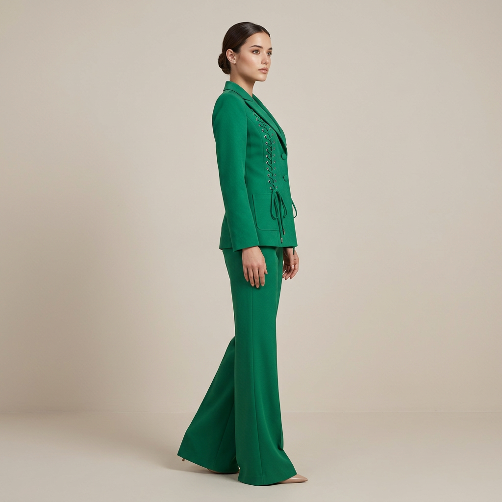 Emerald Green Lace-Up Blazer &amp; Flare Trousers Suit Set-Vyana Collective