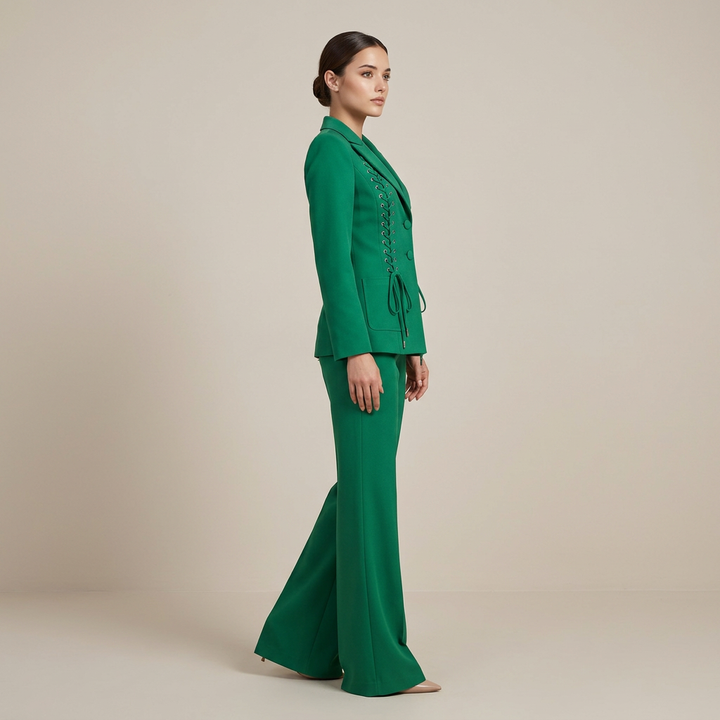 Emerald Green Lace-Up Blazer &amp; Flare Trousers Suit Set-Vyana Collective