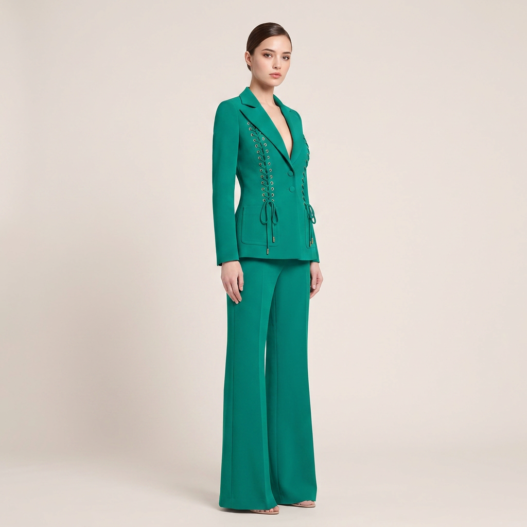 Emerald Green Lace-Up Blazer and Flared Pants Suit Set for Executive Meetings and Power Dressing Women-Vyana Collective