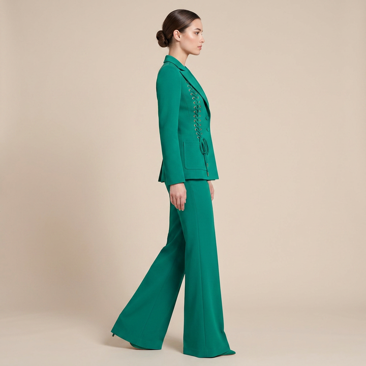 Emerald Green Lace-Up Blazer and Flared Pants Suit Set for Executive Meetings and Power Dressing Women-Vyana Collective