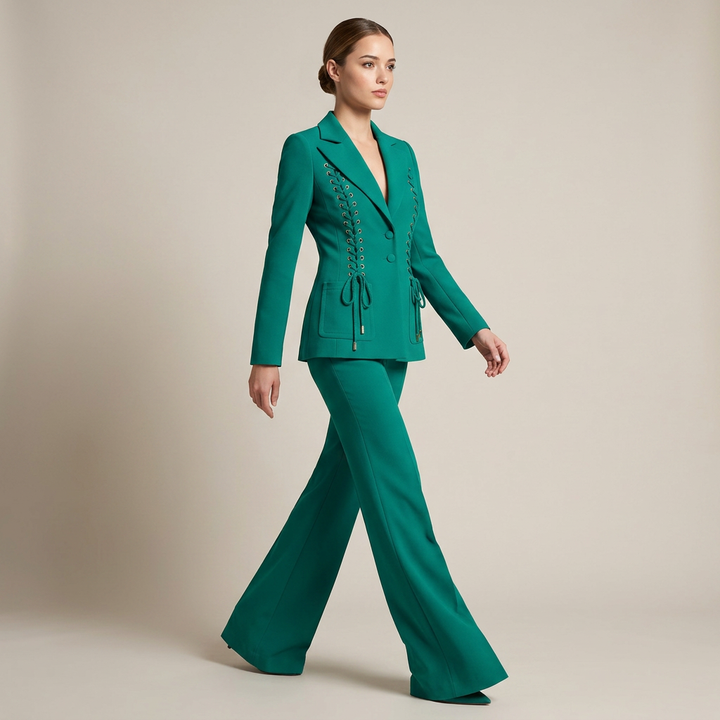 Emerald Green Lace-Up Blazer and Flared Pants Suit Set for Executive Meetings and Power Dressing Women-Vyana Collective