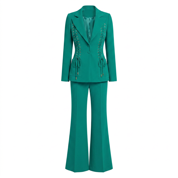 Emerald Green Lace-Up Blazer and Flared Pants Suit Set for Executive Meetings and Power Dressing Women-Vyana Collective