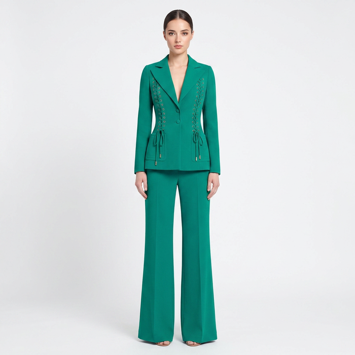 Emerald Green Lace-Up Blazer and Flared Pants Suit Set for Executive Meetings and Power Dressing Women-Vyana Collective