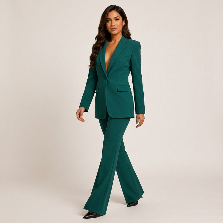 Emerald Green Relaxed Twill Knit Pantsuit for Creative Workdays and Smart Casual Styling for Women-Vyana Collective