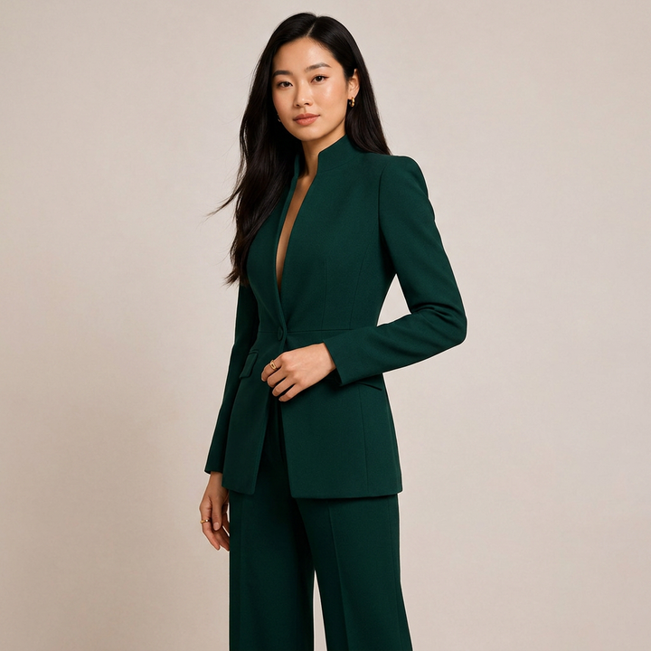 Emerald Green Stand Collar Blazer and Wide Leg Pants Set for Meetings Ready and Modern Power Dressing Women-Vyana Collective