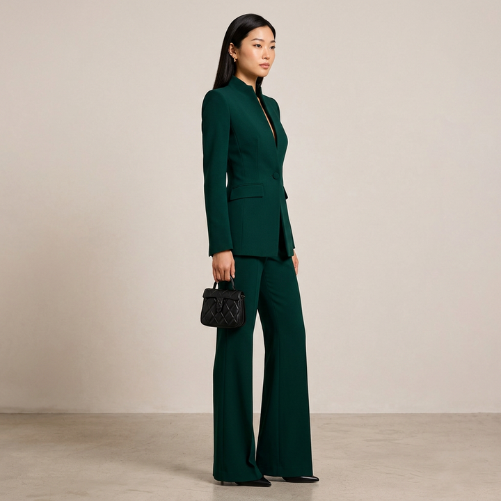 Emerald Green Stand Collar Blazer and Wide Leg Pants Set for Meetings Ready and Modern Power Dressing Women-Vyana Collective
