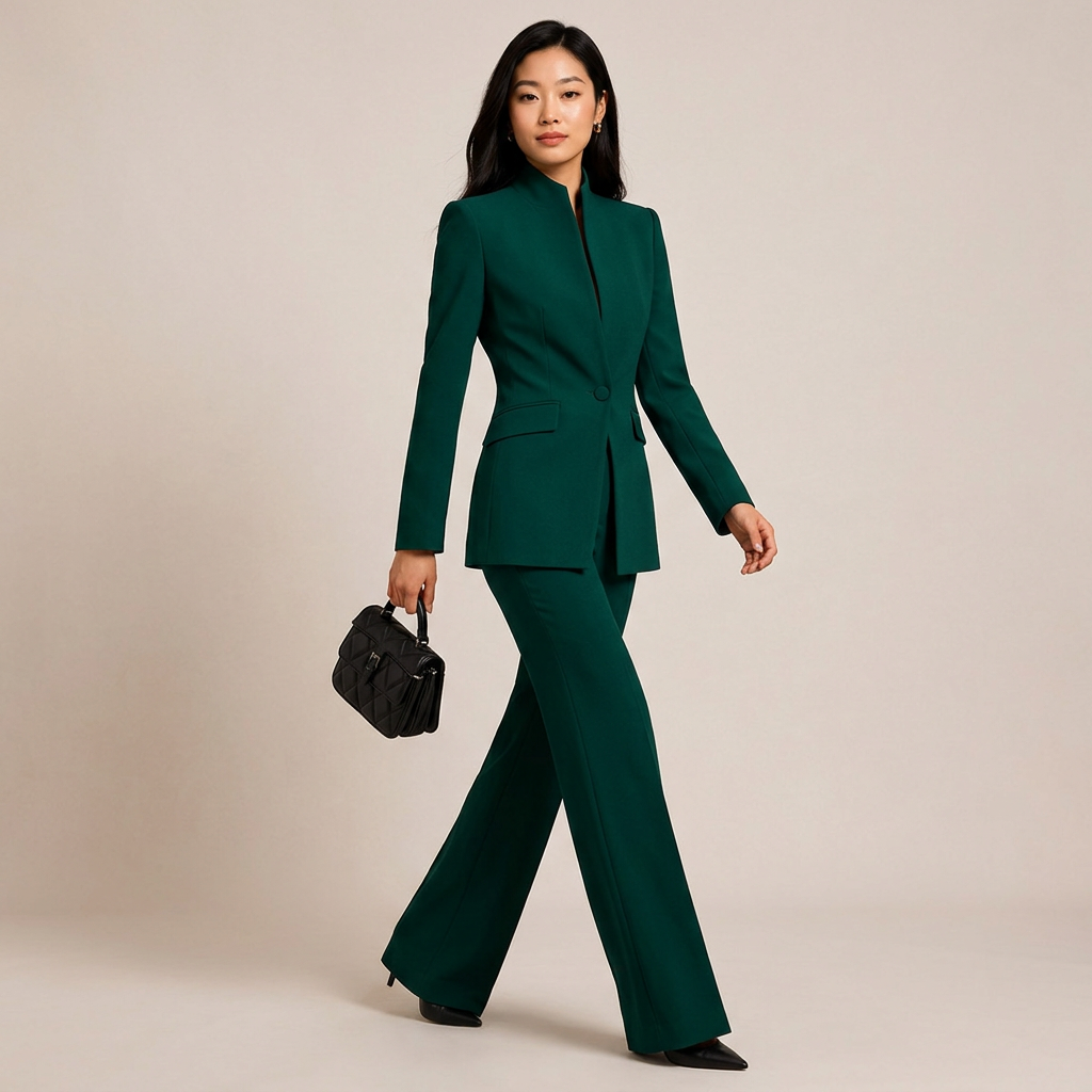 Emerald Green Stand Collar Blazer and Wide Leg Pants Set for Meetings Ready and Modern Power Dressing Women-Vyana Collective