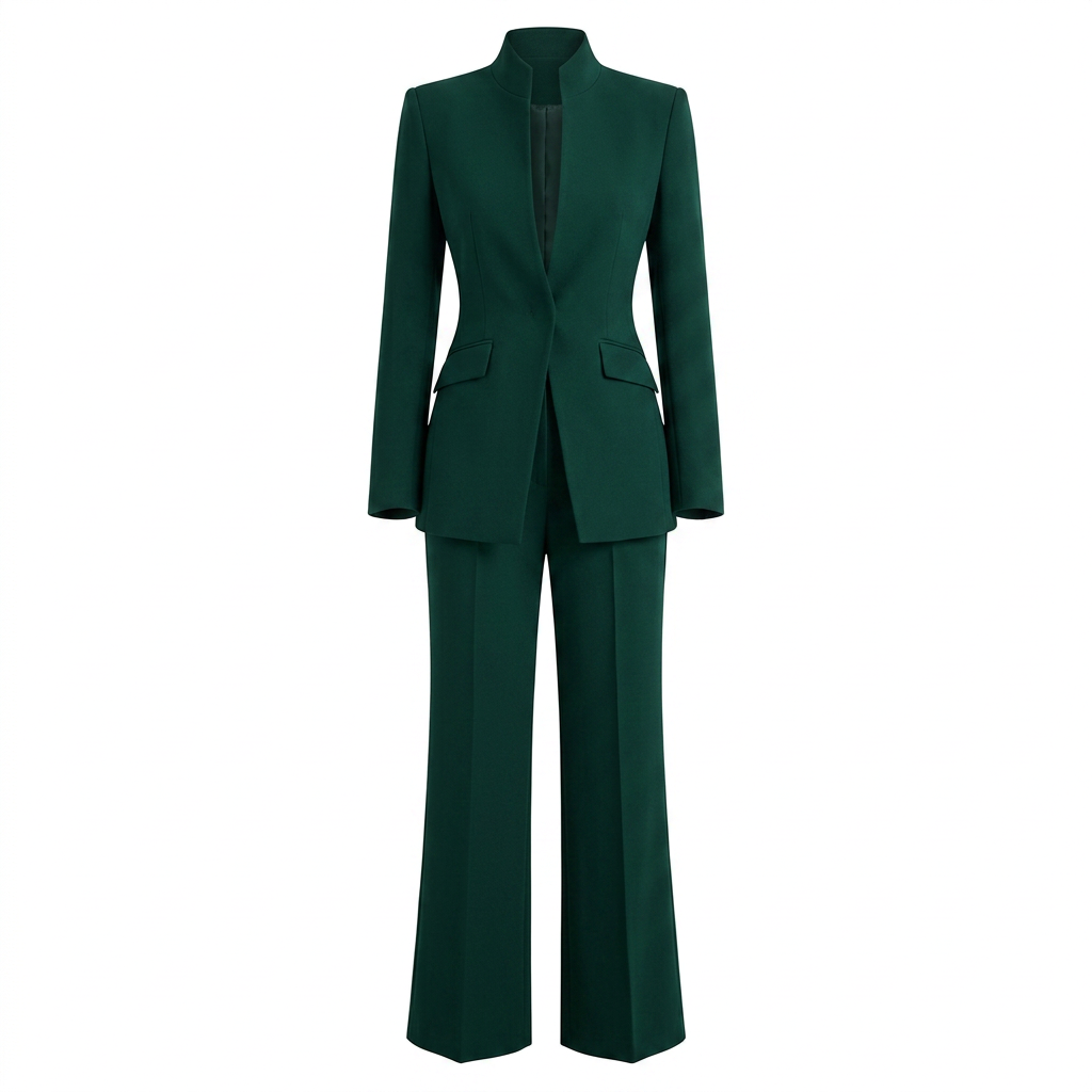 Emerald Green Stand Collar Blazer and Wide Leg Pants Set for Meetings Ready and Modern Power Dressing Women-Vyana Collective