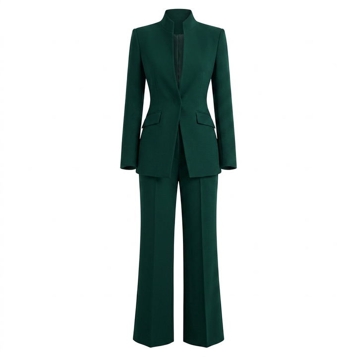 Emerald Green Stand Collar Blazer and Wide Leg Pants Set for Meetings Ready and Modern Power Dressing Women-Vyana Collective