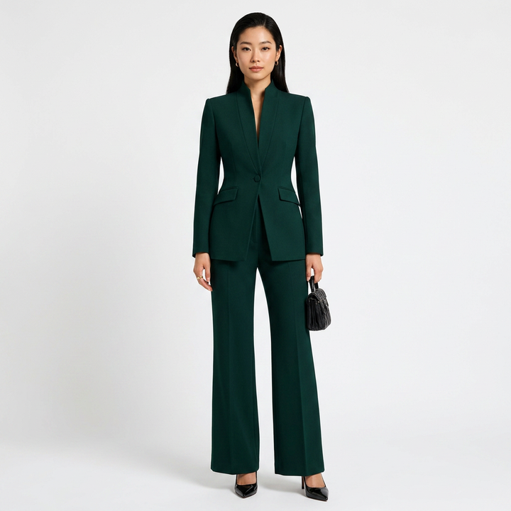 Emerald Green Stand Collar Blazer and Wide Leg Pants Set for Meetings Ready and Modern Power Dressing Women-Vyana Collective