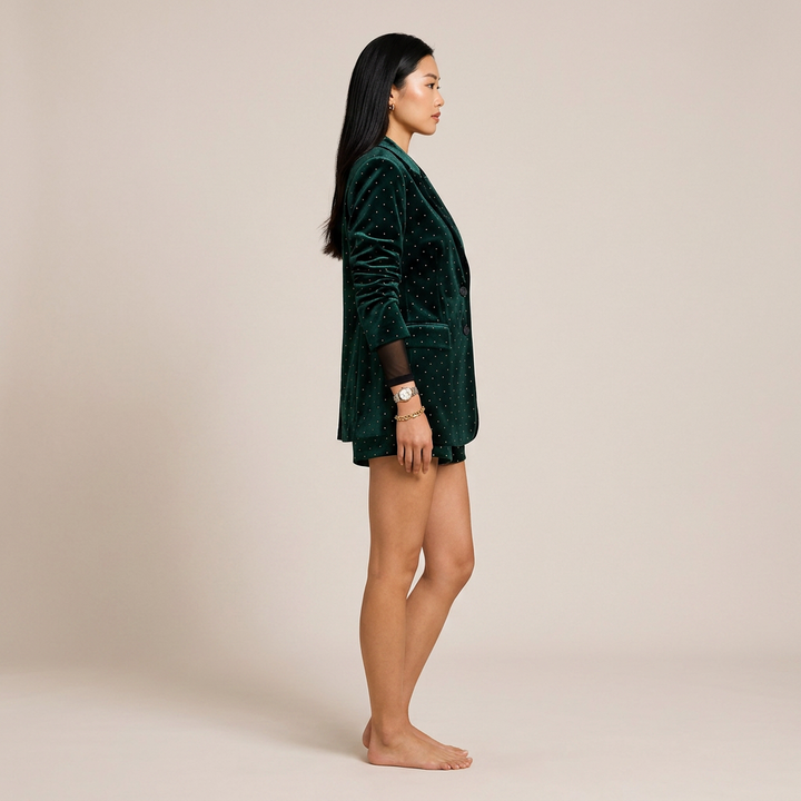 Emerald Velvet Crystal Blazer & Shorts Set-Vyana Collective