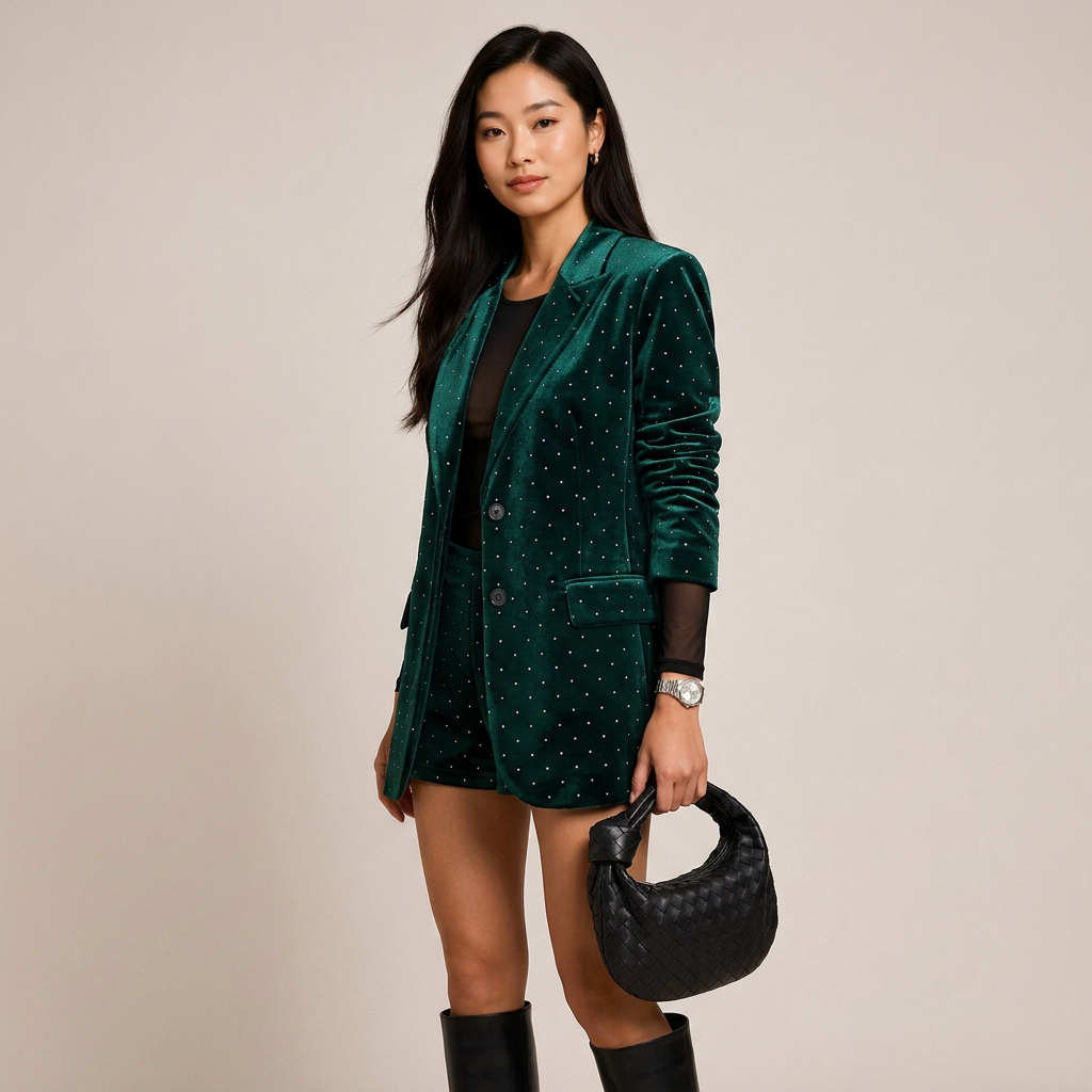 Emerald Velvet Crystal Blazer & Shorts Set-Vyana Collective