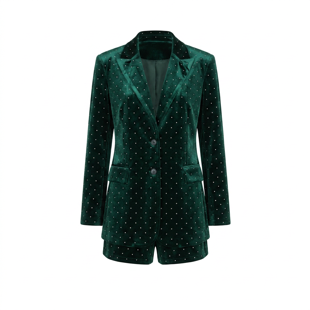 Emerald Velvet Crystal Blazer & Shorts Set-Vyana Collective