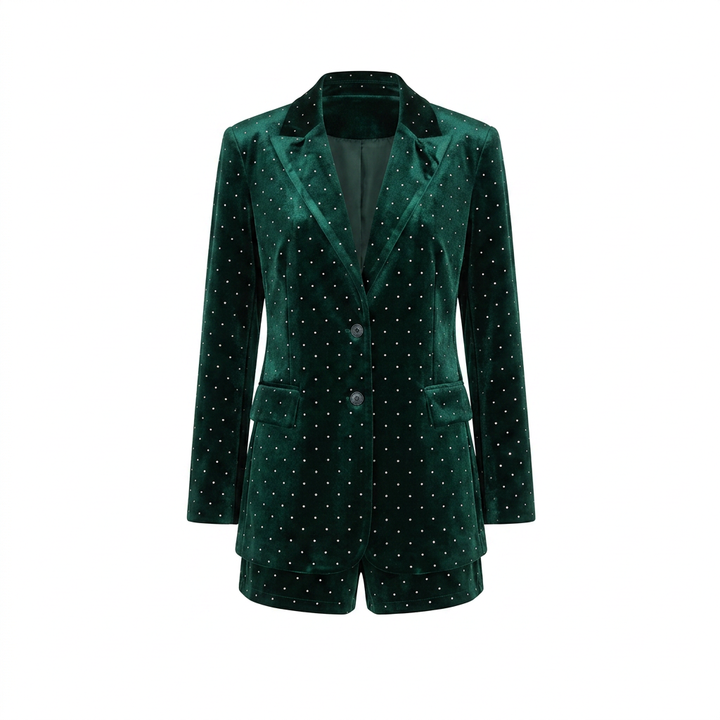 Emerald Velvet Crystal Blazer & Shorts Set-Vyana Collective