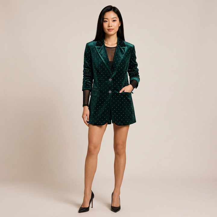 Emerald Velvet Crystal Blazer & Shorts Set-Vyana Collective