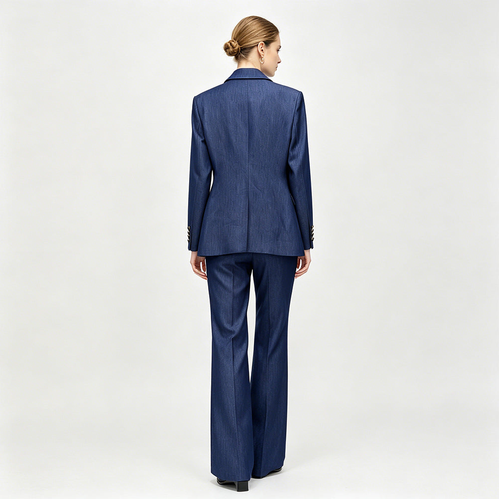 Faux Denim Blazer and Wide Leg Pants Set for Meetings Ready and Modern Executive Style Women-Vyana Collective
