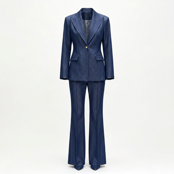 Faux Denim Blazer and Wide Leg Pants Set for Meetings Ready and Modern Executive Style Women-Vyana Collective