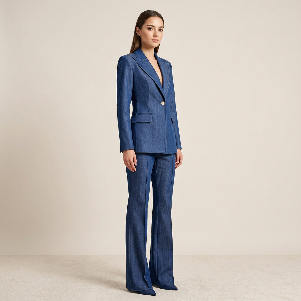 Faux Denim Blazer and Wide Leg Pants Set for Meetings Ready and Modern Executive Style Women-Vyana Collective