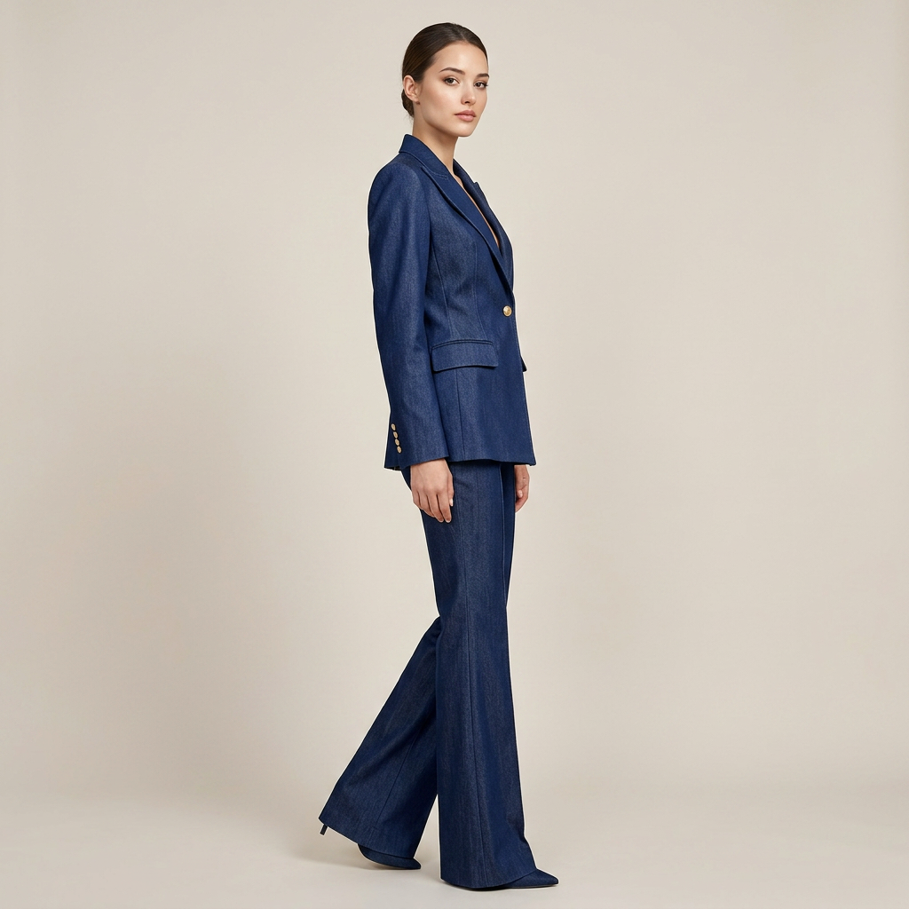 Faux Denim Blazer and Wide Leg Pants Set for Meetings Ready and Modern Executive Style Women-Vyana Collective