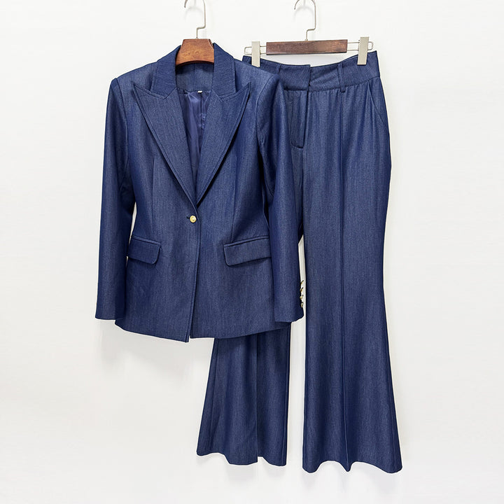 Faux Denim Blazer and Wide Leg Pants Set for Meetings Ready and Modern Executive Style Women-Vyana Collective