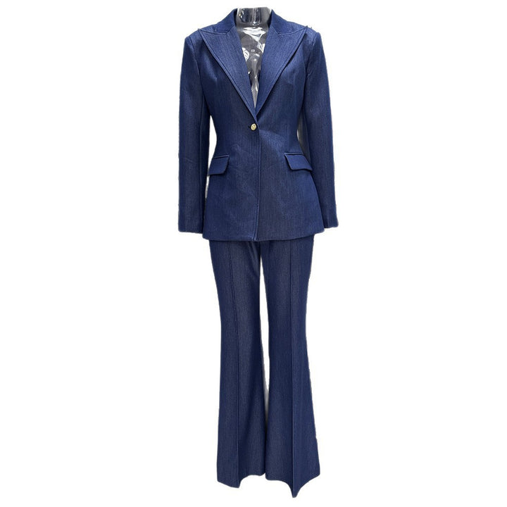 Faux Denim Blazer and Wide Leg Pants Set for Meetings Ready and Modern Executive Style Women-Vyana Collective