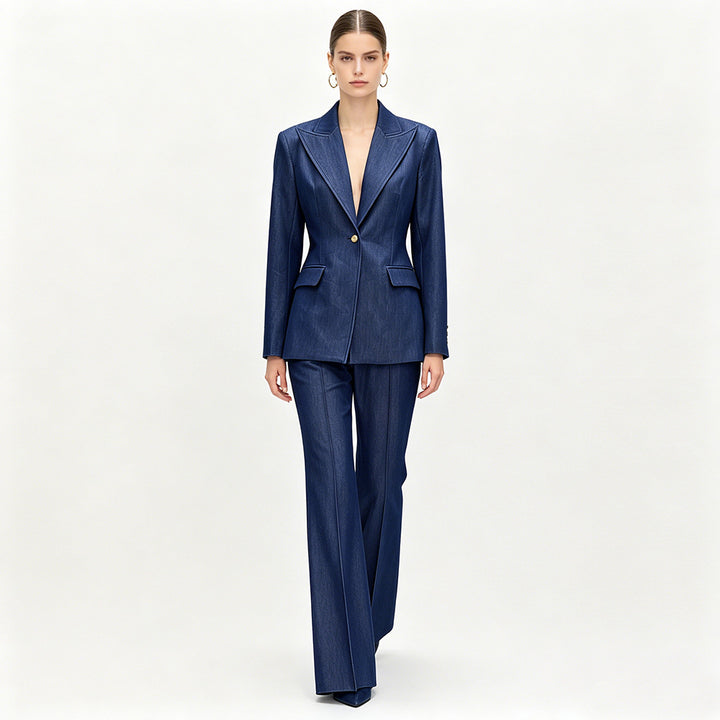 Faux Denim Blazer and Wide Leg Pants Set for Meetings Ready and Modern Executive Style Women-Vyana Collective