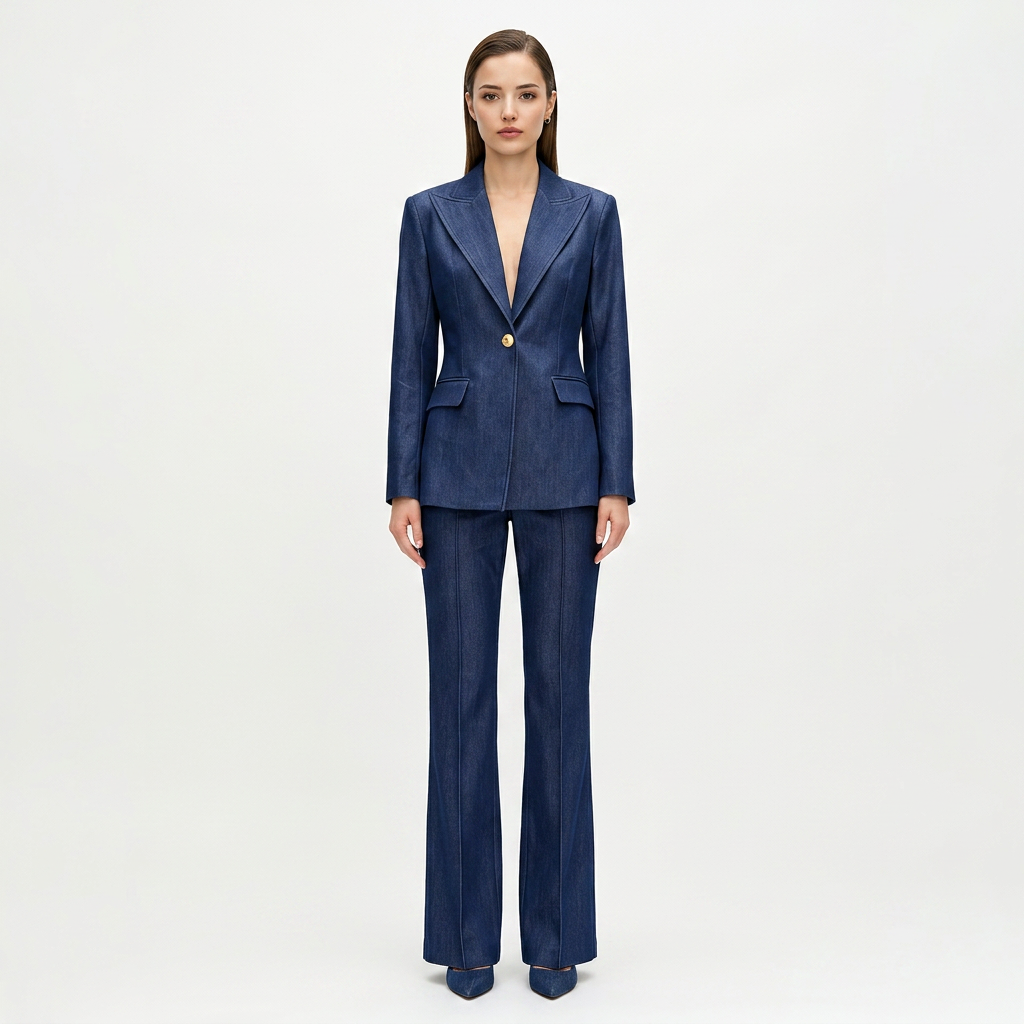 Faux Denim Blazer and Wide Leg Pants Set for Meetings Ready and Modern Executive Style Women-Vyana Collective