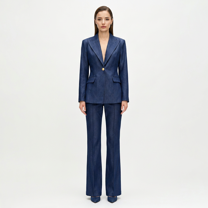 Faux Denim Blazer and Wide Leg Pants Set for Meetings Ready and Modern Executive Style Women-Vyana Collective
