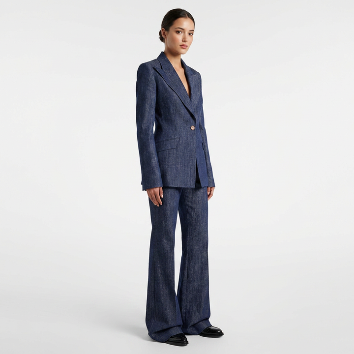 Faux Denim One Button Tailored Blazer and Wide Leg Pants Suit Set for Meetings Ready and Modern Executive Style Women-Vyana Collective