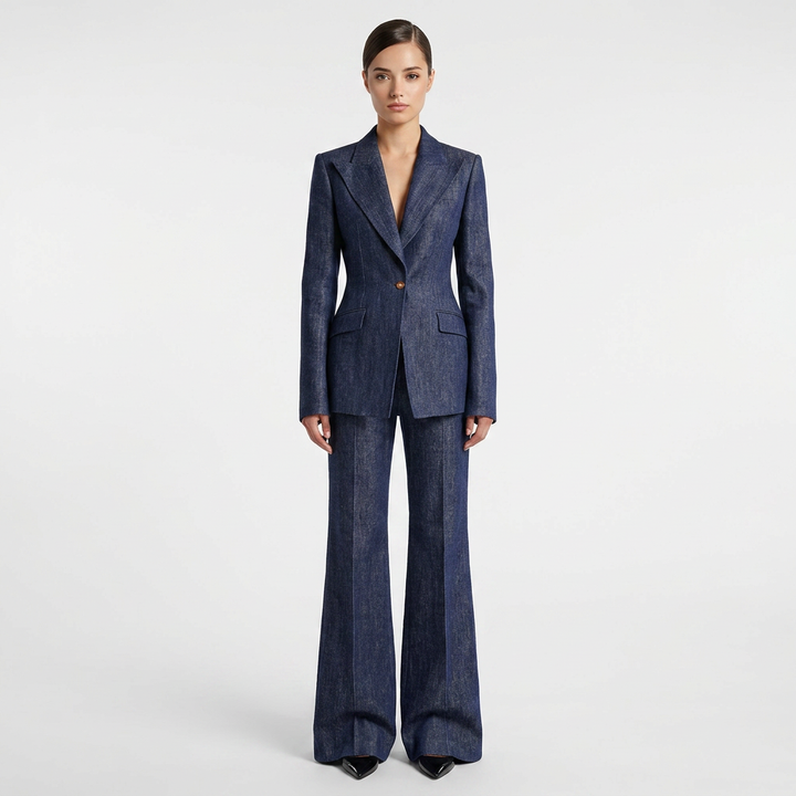 Faux Denim One Button Tailored Blazer and Wide Leg Pants Suit Set for Meetings Ready and Modern Executive Style Women-Vyana Collective
